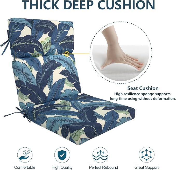DYTXIII Outdoor High Back Chair Cushions Set of 2, 44"x22" Water Repellent Patio Seat Cushions with Elastic Sponge, All Weather Chair Pads for Rocking, Dining, Patio Furniture - Swaying Palms Blue