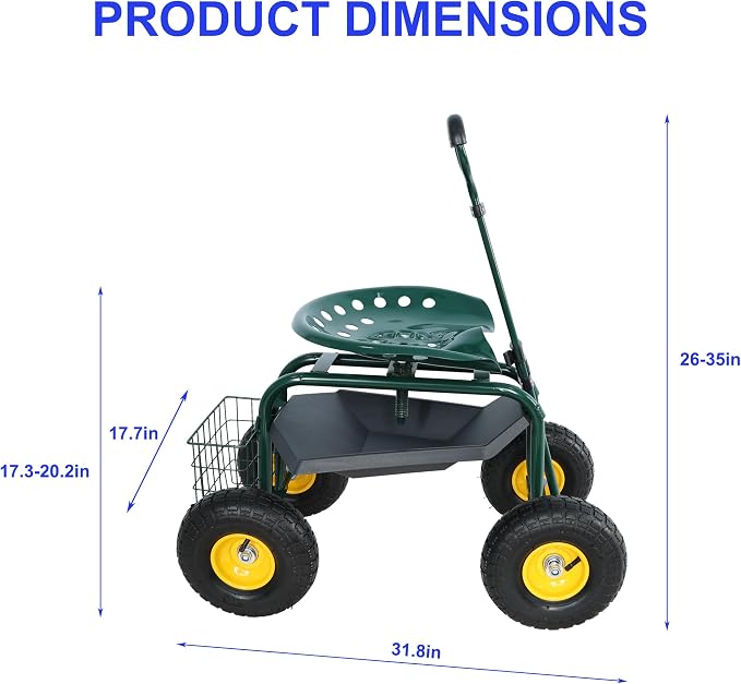 Heavy Duty Garden Cart Rolling Scooter with Adjustable Swivel Seat, 360° Rotation, 10" Pneumatic Tires, Extendable Steering Handle & Tool Basket – Outdoor Yard Gardening Seat with Storage Tray (Green)