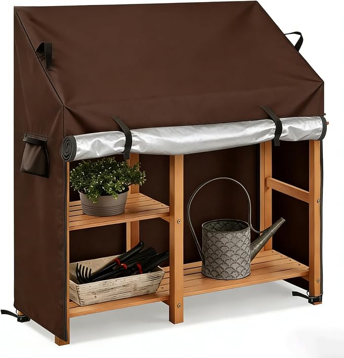 Potting Bench Cover, 600D Heavy Duty Waterproof Oxford Fabric, Outdoor Garden Worktable Cover, UV Resistant & Tear Proof, Weatherproof Protector for Patio Planting Bench (Brown, 41"L×19"W×34/47"H)
