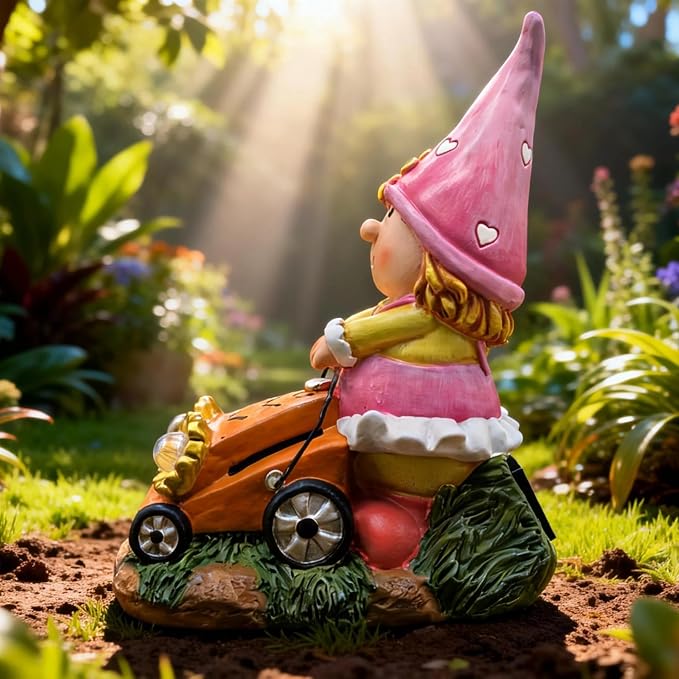 Solar Garden Gnomes Decor for Yard, Fairy Sunflower Lawn Mover Statue | 8inch Height, Lighting 8-10 Hour, Waterproof Outdoor Figurine Lights, Face-revealing, Heart Hat, Pink Gifts for Women