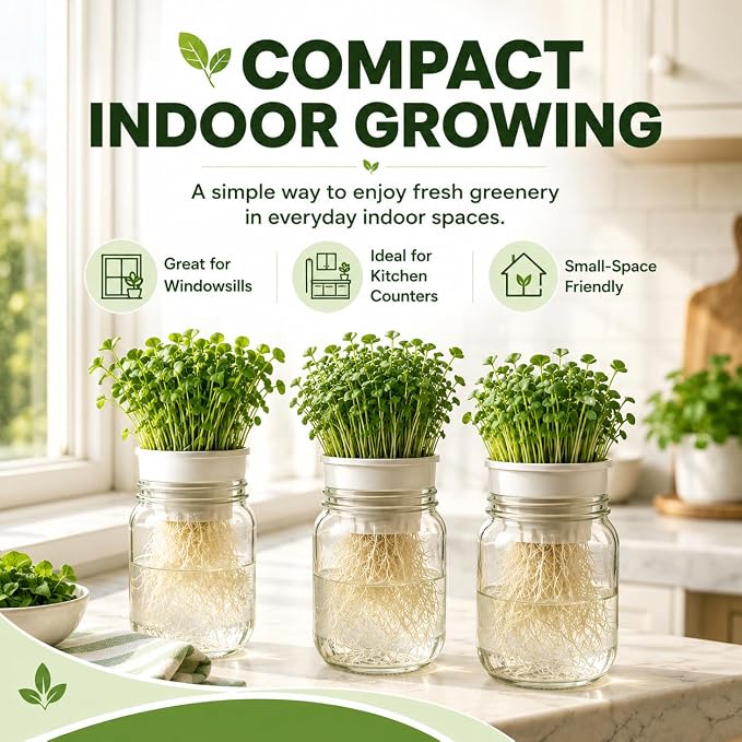 Microgreens Growing Kit for Wide Mouth Mason Jars, 4-Pack Deep & Shallow Hydroponic Growing Trays for Indoor Kitchen Gardening, Reusable Trays for Sprouts, Herbs, Pea Shoots