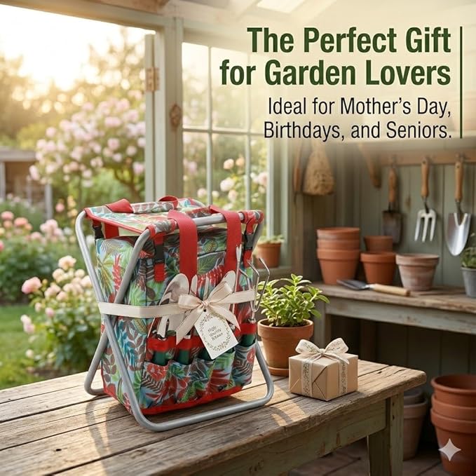 7-piece Garden Tool Set with Tote and Folding Stool Seat