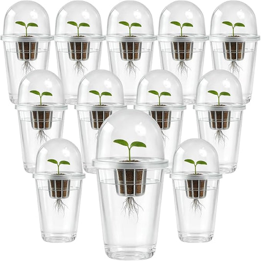 12 Pack Transparent Hydroponic Cups with Humidity Domes, 5in1 Hydroponics Growing System Kit, Clear Self Watering Planters for Indoor Plants, Herbs, Seed Starting, Root Monitoring