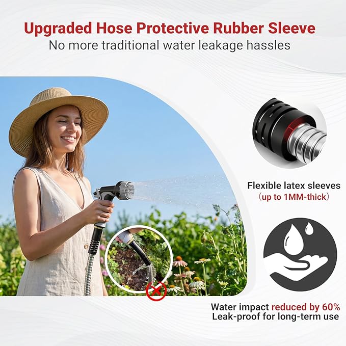 Lefree 150ft Stainless Steel Garden Hose - No-Kink Leak-Proof Crush Resistant, with Upgraded Protective Rubber Sleeve, 10-Function Nozzle for Lawn Care, RV Camp, Long-Distance Yard Watering