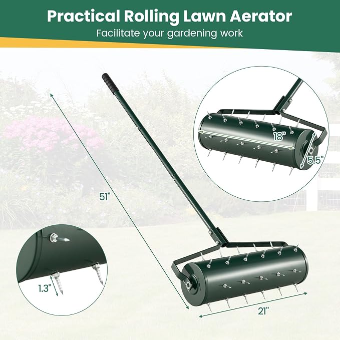 Goplus Rolling Lawn Aerator, 21-Inch Garden Yard Rotary Push Tine Filled Sand Stone, Heavy Duty Spike Soil Aeration w/Metal Handle, Fillable Drum 51" Manual Lawn Aeration Tool Garden Grass Patio Yard