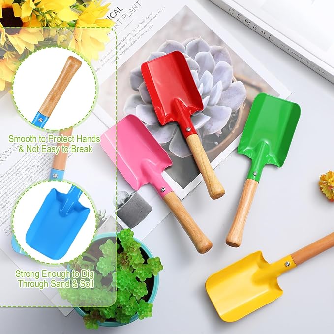 RoundFunny 35 Pcs Colorful Garden Shovels Small Beach Toy Shovels Metal Sand Trowel with Sturdy Wooden Handle, Soil Planting Mini Digging Tools, 5 Colors
