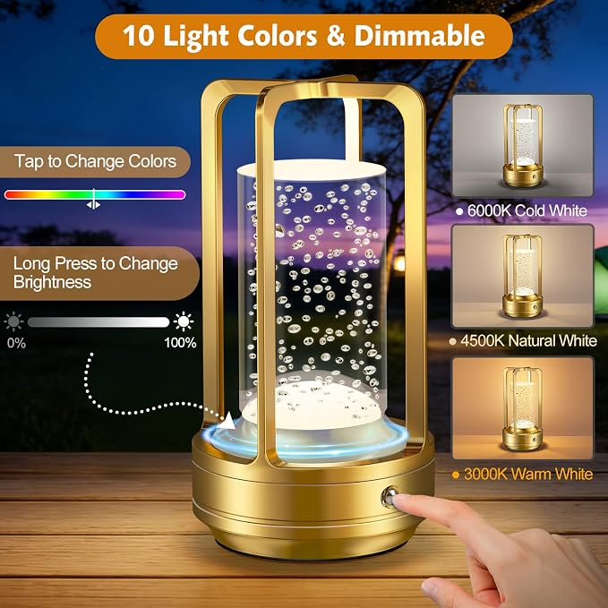 Portable Table Lamp for Outdoor Indoor: Cordless Rechargeable Desk Lamp with 10 Colors - Shower Lamp with Stepless Dimmable - Metal Battery Operated Lantern Light for Bedroom/Bar/Coffee Shop/Camping