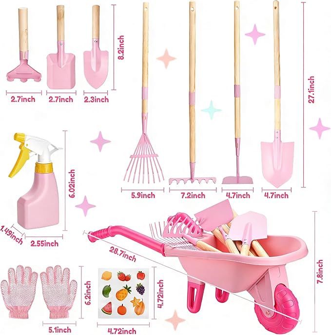 Kids Gardening Tools Set with Wheelbarrow, Wooden & Metal Outdoor Gardening Toys for Summer Outdoor Yard Digging & Weeding, Easter Birthday Gifts for Boys Girls Age 3+ Years (Pink)