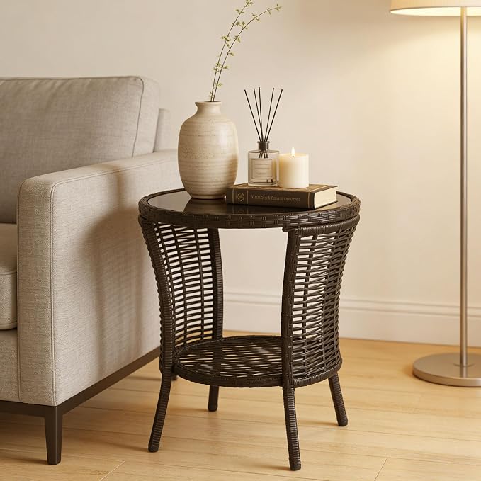 Outdoor Side Table - Patio Wicker End Table with Extra Storage Shelf, Rattan Outdoor Side Table with Round Glass Tabletop for Garden, Backyard, Porch, Black Gold
