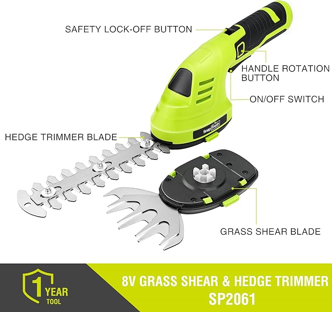 SnapFresh Cordless Hedge Trimmer & Grass Shears, 2-in-1 7.2V Handheld Mini Hedge Trimmer with 180° Rotating Head, Electric Bush & Shrub Trimmer, 2.0Ah Battery & USB-C Charging for Garden Yard Lawn