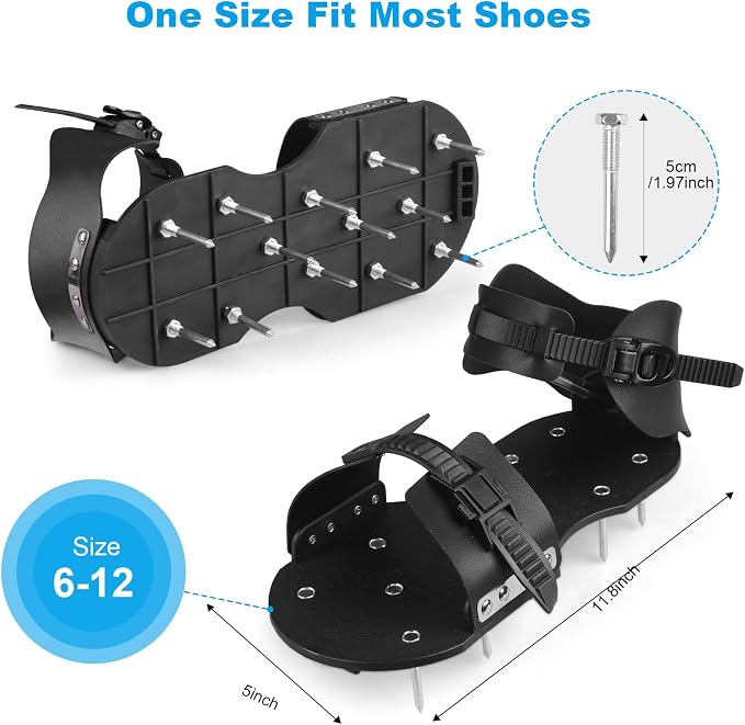 Lawn Aerator Shoes, Aerator Shoes with Adjustable Loop Strap and Snap-On Buckle, with 26 Stainless Steel Nails Lawn Aerator Shoes for Lawn Soil Aeration for Patios, Gardens, Lawns (Black)