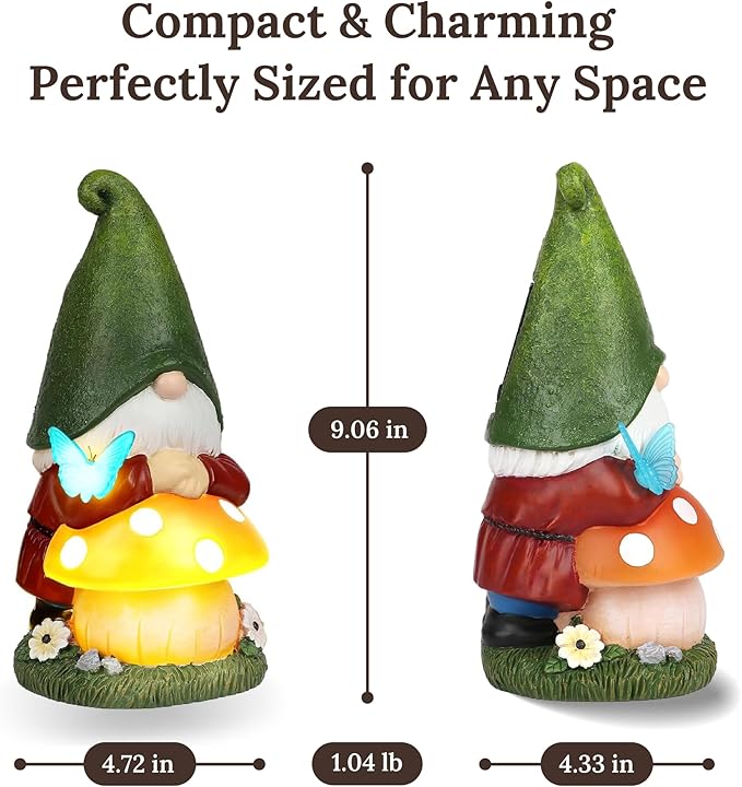Solar Garden Gnome Statue with Glowing Mushroom & Butterfly Light, 9" Resin Solar Gnome Outdoor Waterproof LED Garden Decor for Yard Lawn Patio Pathway, Cute Garden Gnome Gift for Dad Father’s Day