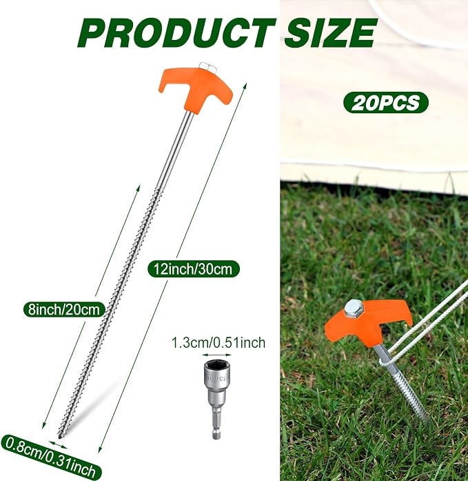 Hicarer 20 Pcs 12 Inch Tent Stakes Screw in Camping Stakes Heavy Duty Metal Spikes Ground Anchor Peg Threaded Tent Spikes with Hex Head Driver for Camping Garden Inflatable (Orange)