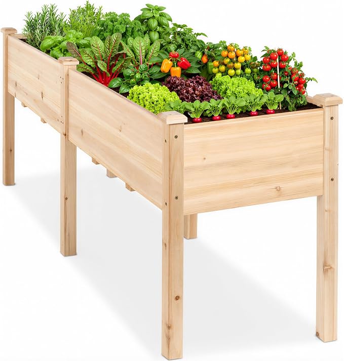 DUMOS Raised Garden Bed with Legs, 72x23x30 Inch Planter Box Outdoor with Liner for Herbs Flowers Vegetables, Elevated Wooden Garden Bed for Patio, Balcony and Backyard, Natural Wood