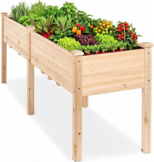 DUMOS Raised Garden Bed with Legs, 72x23x30 Inch Planter Box Outdoor with Liner for Herbs Flowers Vegetables, Elevated Wooden Garden Bed for Patio, Balcony and Backyard, Natural Wood