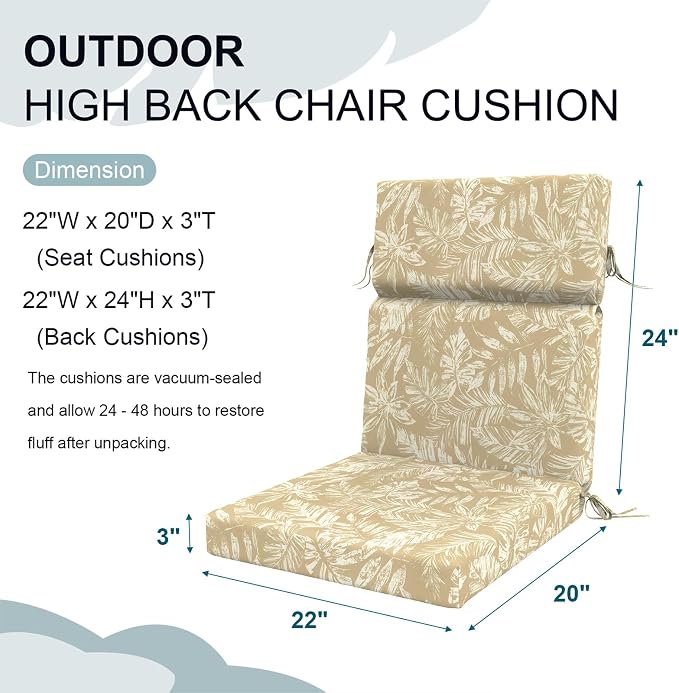 DYTXIII Outdoor High Back Chair Cushions Set of 2, 44"x22" Water Repellent Patio Seat Cushions with Elastic Sponge, All Weather Chair Pads for Rocking, Dining Chairs, Patio Furniture - Tropical Oat