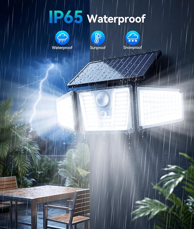 KOOPER Solar Flood Lights, 210 LED Motion Sensor Outdoor Lights, Solar Motion Lights Outdoor Waterproof, 3 Heads 300° Wide Angle Outdoor Security Lights for Yard Patio Garage Entryways, 3 Pack, Black