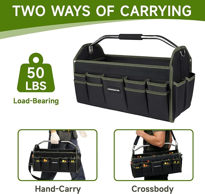 16 In Electrician Tool Bag, Foldable Bags For Men Heavy Duty, Open Top Tool Tote, 30 Pockets Can Hold Many fittings, Organizer Stainless Steel Handle and Removable Shoulder Strap