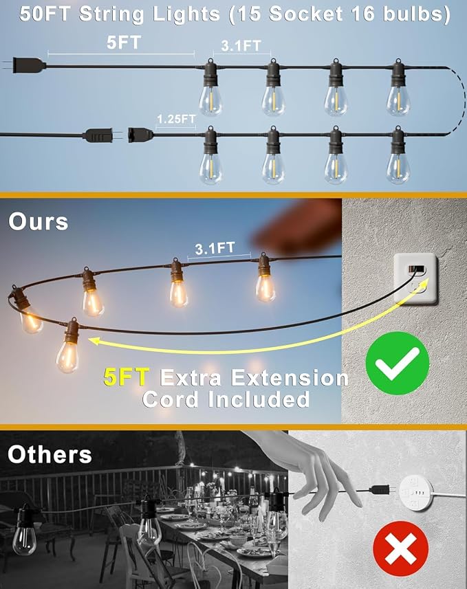 50FT LED Outdoor String Lights with 15 Edison Shatterproof IP65 Waterproof Bulbs, 2700K Dimmable Commercial Grade Patio Lights, Heavy Duty Outside Hanging Lights for Garden Porch Deck Decor