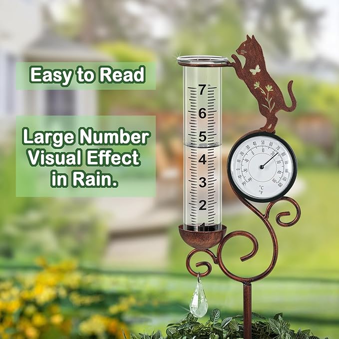 Cat Rain Gauge Outdoor,Large Number Scale Rain Gauge with Temperature & Hygrometer Metal Cat Garden Stakes for Outside,Lawn,Yard,Patio,Farm