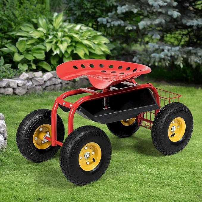 IRONMAX Garden Cart with Seat, Heavy Duty Gardening Work Stools w/Height Adjustable Seat & 10’’ Large Wheels, Rolling Garden Scooter for Outdoor Lawn Yard Planting (Red)