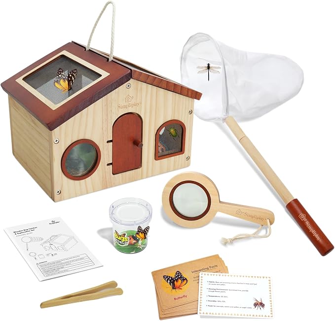 SimpliPlay Kids Explorer Kit & Bug Catcher for Kids, Outdoor Toys with Large Portable Wooden Bug Habitat, Butterfly Net, Magnifier, Observation Cup, 15 Insect Cards for Toddler 3-8 Year Old Boy Gift