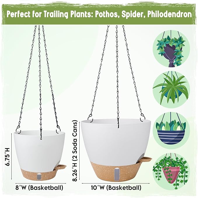 Self-Watering Hanging Planters with Water Level Window, 8/10 Inch Indoor Outdoor Hanging Plant Pots Includes Chain Hangers with Drainage Holes & Detachable Reservoir (White, 8+10 inch)