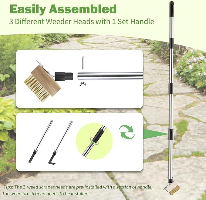Crack Weeder Tool Set, Weed Scraper Tool Moss Brush Scraper Set Combo, 60" Crevice Weeding Tool for Sidewalk Cracks, 3 Different Weed Remover Tool Heads for Driveways, Patios, Pavers, Garden Cracks