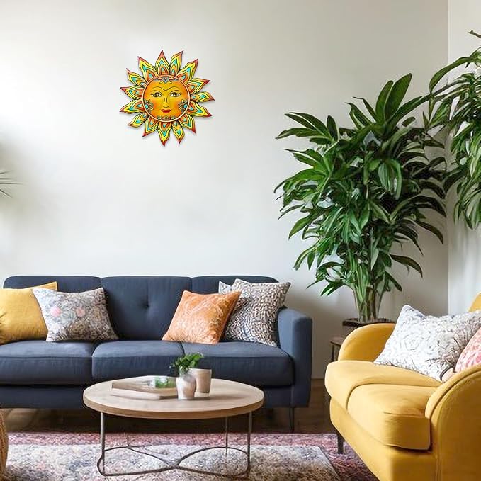 Metal Sun Flower Wall Decor - 12.87 inches Sun Wall Art Hanging Decorations for Outdoor, Home Garden Yard Patio Fence Bedroom Decor, Gifts for Mom Friends