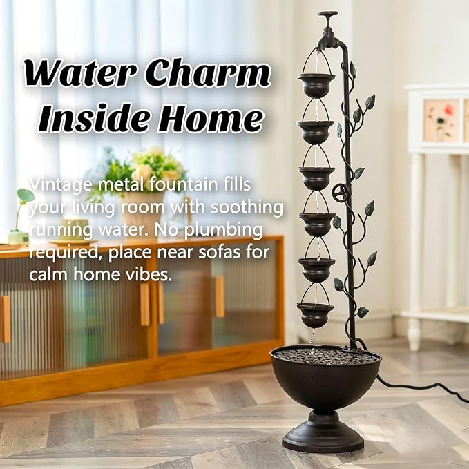 39" Tiered Water Fountain Outdoor 6 Hanging Cups Vintage Waterfall Fountain, Rustic Metal Outside Water Fountain for Garden Patio Yard Porch Decor