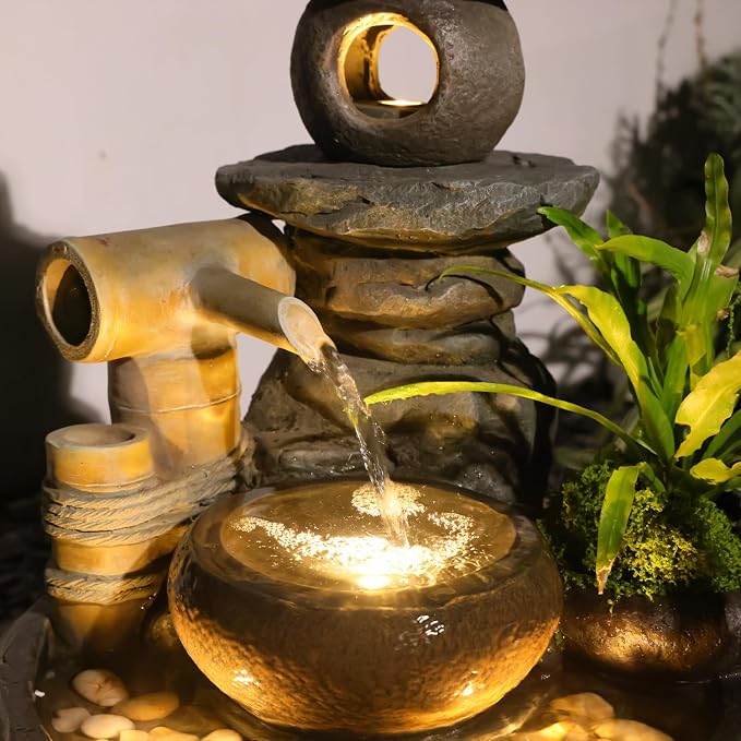 21" H Pagoda and Bamboo Outdoor&Indoor Outdoor Water Fountain, Natural Zen Decor Desian Outside Waterfall with LED Lights - Suitable for Garden/Patio/Yard/Deck/Balcony and Home Art Decor Resin