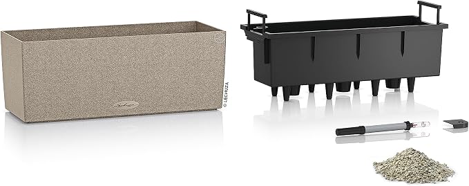 Lechuza BALCONERA Stone 50 Sand Beige, Self-Watering Window Box (Railing Planter), H7.5 L19.7 W7.5 in