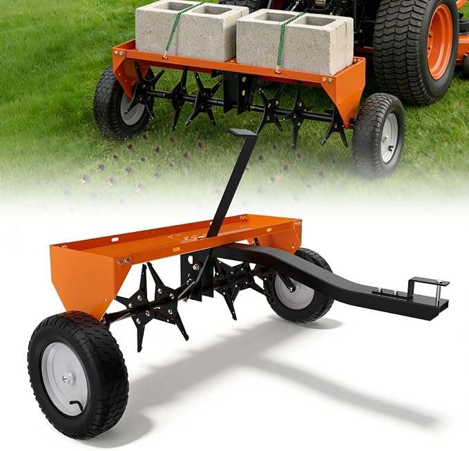 40" Tow Behind Aerator, Pull Behind Lawn Aerator Tool with Universal Hich, 24 Rust-Proof Knives & Heavy-Duty Tires, Plug Aerator for Yard & Garden Compacted Soil, Fits Lawn Tractors, ATV, UTV, Orange