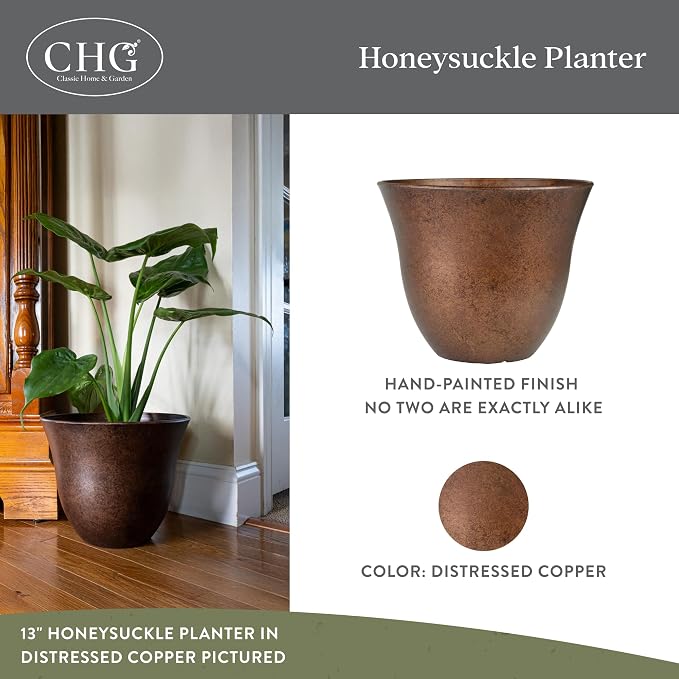 Classic Home and Garden by Growscape Honeysuckle Resin Planters - Lightweight Indoor & Outdoor Plant Pots - UV-Resistant Plastic Flower Pots - Pot Planters for Flowers & Herbs (13" Distressed Copper)