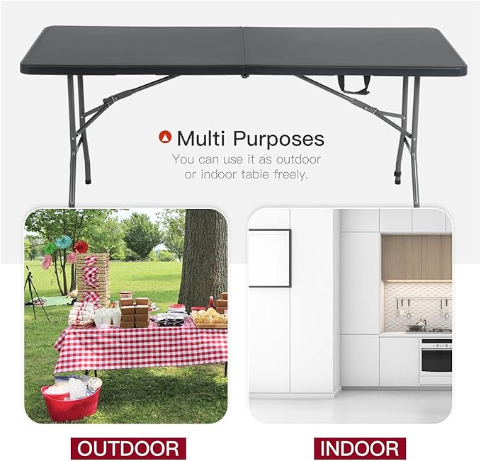 PayLessHere | 6FT Folding Table | Black | Portable Plastic Table with Carry Handle | Waterproof & Foldable Table Design | Steel Frame with Lock | for Events, Camping, Indoor & Outdoor Use
