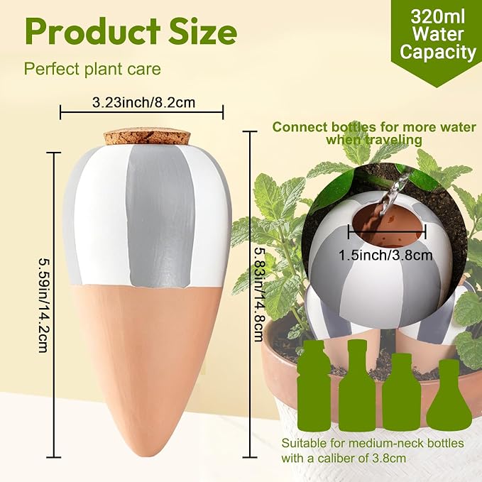 4 Pack Terracotta Watering Spikes, Plant Watering Devices Wine Bottle Automatic Plant Self Watering Spikes for Vacations, Clay Self-Watering Stakes for Indoor Outdoor Plants