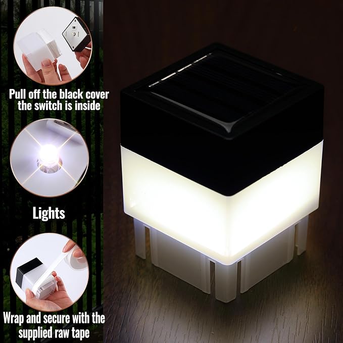Tujoe Solar Post Cap Lights Fence Post Solar Lights 2in x 2in (5cm x 5cm)(White,6 Pack)