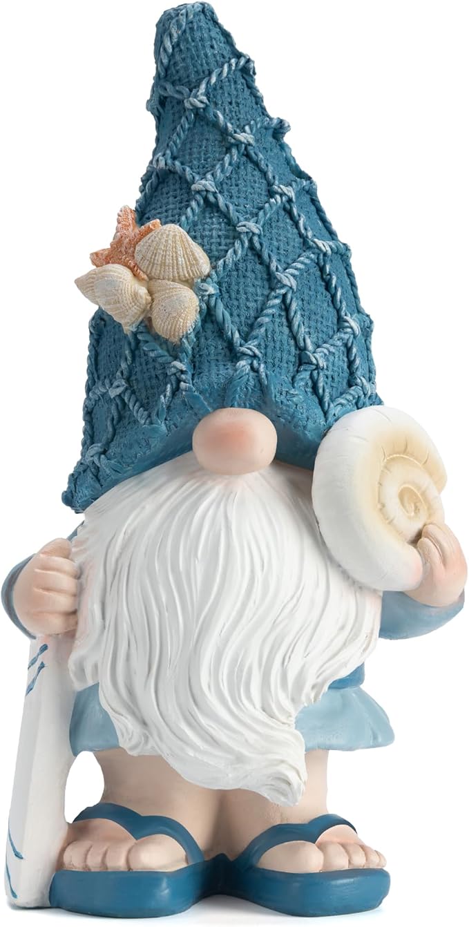 Etlemonde Beach Gnomes Statues, Ocean Gnomes, Nautical Themes Decoration, Resin Gnome Holding a Surfboard, 8.6 Inches