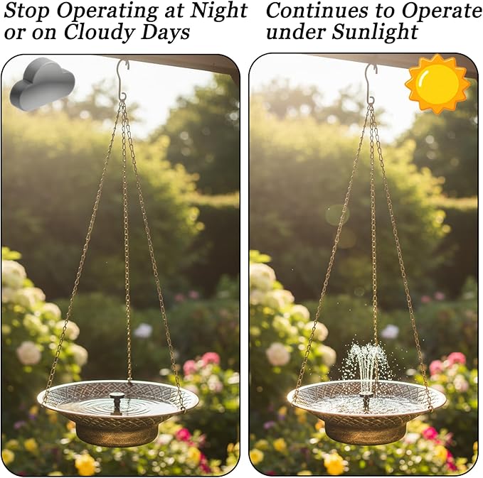 Hanging Solar Bird Bath for Outdoors, Metal Solar Powered Bird Bath Fountain, No Batteries Needed, 12.6" Hanging Bird Baths for Garden Patio Lawn Decor, Gold