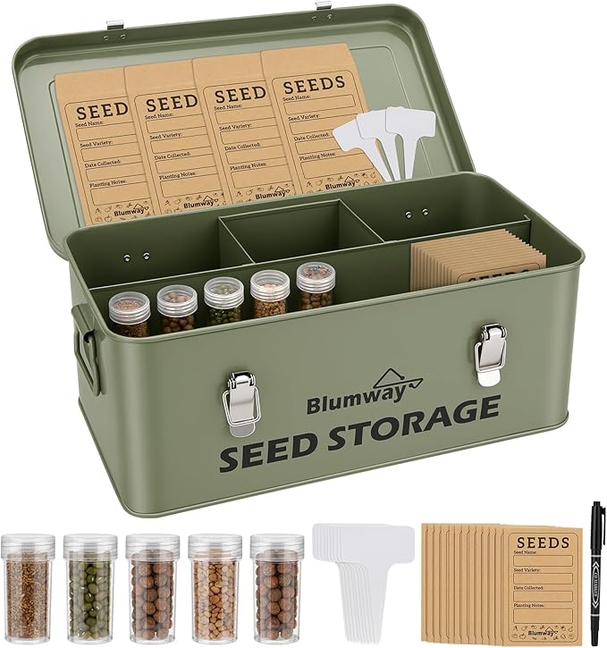 BlumWay Seed Storage Organizer, Metal Seed Saving Box with Lid, Seed Storage Container with Safety Locks, 4 Compartments Seed Packet Organizer, Garden Seed Bin for Plants Flower- Green