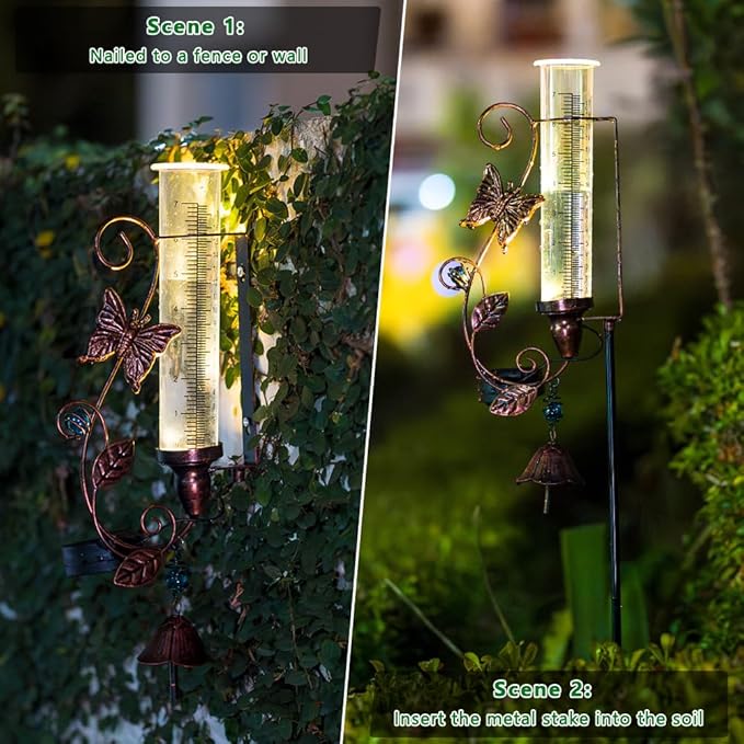 Rain Gauge Outdoor, Solar Rain Gauges with 7" Plastic Tube, Butterfly Metal Rain Gauge with Decorative Bell for Garden Yard Lawn Decor