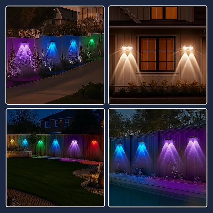 Solar Fence Lights Outdoor 2 Pack – IP65 Waterproof Wireless Solar Deck Lights with 9 Color Modes, 80 Lumen Bright LED for Fence, Backyard, Patio, Pool, Wall – 12+ Hour Runtime, No Wiring