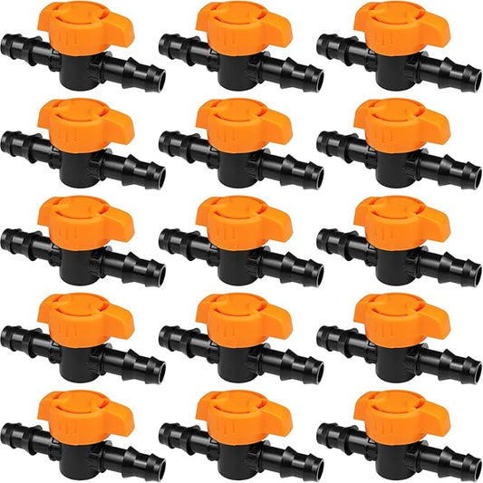 1/2 Inch Drip Irrigation Barbed Valve, 15 Pcs Barbed Switch Valves Drip Line Parts for 1/2" Drip Tubing (.570-.620" ID), 1/2 in. in-line Barbed Shut Off On Valve for Garden Irrigation System
