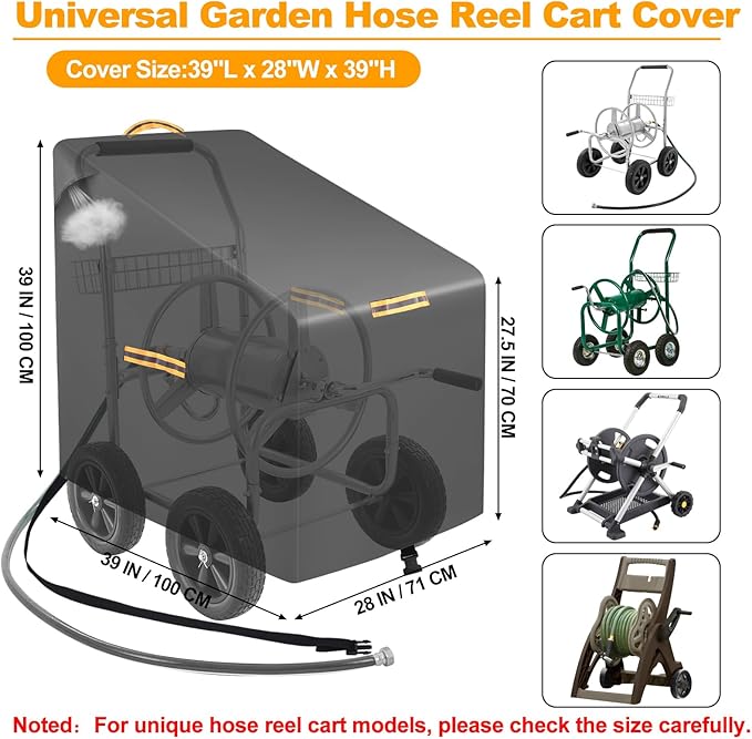 Hose Reel Cart Covers for Outside,Heavy Duty 420D Hosepipes Cover for Garden with Air Vent,Waterproof Strip,2 Reflective Strip Handles,Univeral Protective Hose Holder Cover,All Season Protection