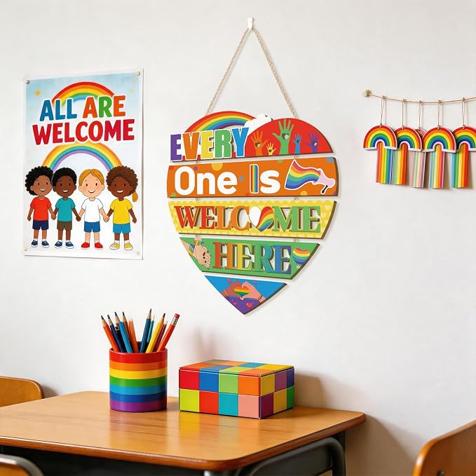 HOURIA Everyone is Welcome Here Pride Wood Sign(11.4"x11.7"),LGBTQ Rainbow Sign Front Door Decoration,Heart-Shaped Layers Wooden Plaques Colorful Welcome Wall Decor for Classroom Office Home