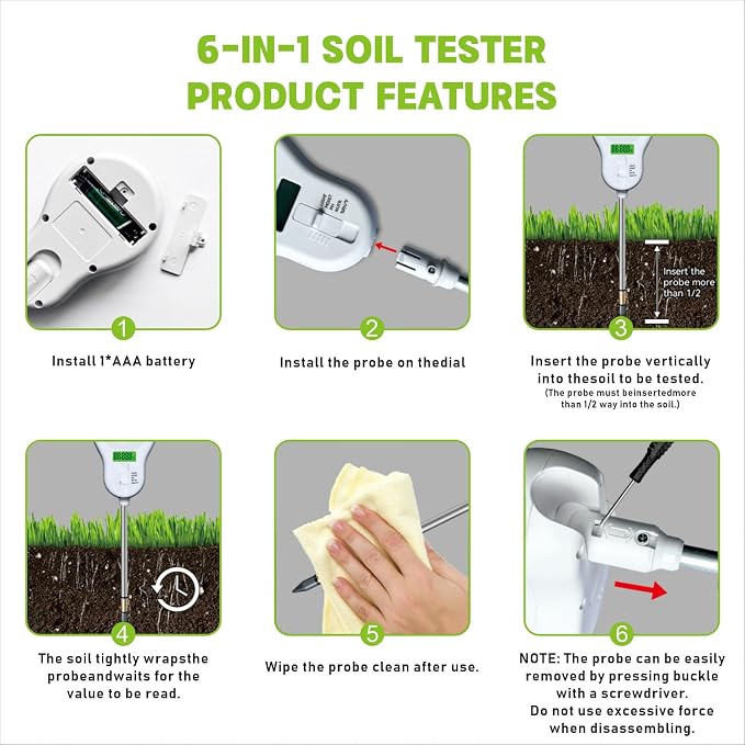 6-in-1 Soil Moisture Meter Soil PH/Soil Moisture/Plant Temperature/Humidity and Sunlight, Soil Test Meter, Agriculture Tools for Garden, Lawn, Plant Care, Farm and Indoor Outdoor Plants