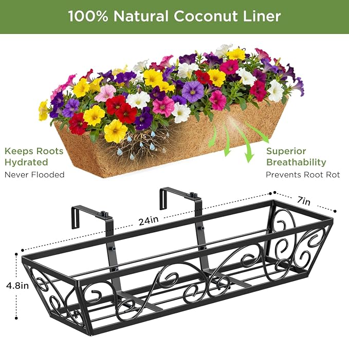 24 Inch Railing Planter Box 2 Pack, Adjustable Window Metal Box Planter with Coco Liner, Hanging Flower Planter for Balcony Deck Fence Porch Patio, Black