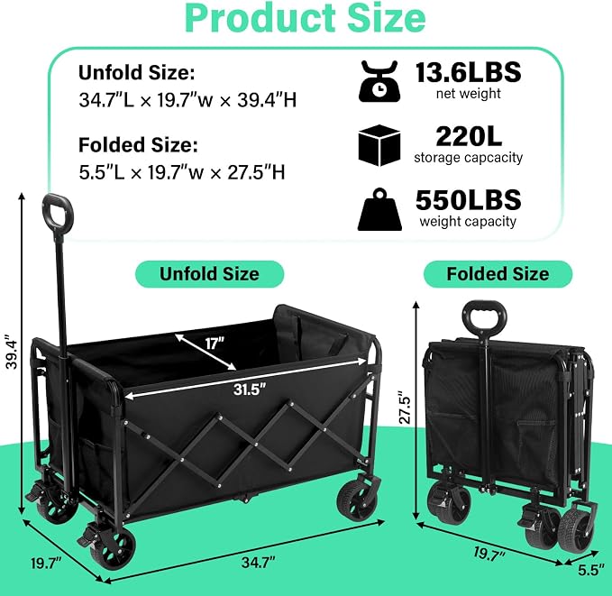 Upgraded Heavy Duty Foldable Wagon – 550LBS Capacity, All-Terrain Wheels & Brakes, Large Collapsible Cart for Beach, Camping, Grocery & Sports (Black)