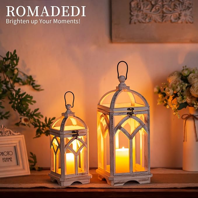Romadedi Decorative Candle Lantern Wood - Rustic Wooden Lantern for Farmhouse Home Living Room Shelf Patio Table Decoration Christmas Holloween Wedding Party Table Centerpiece, Washedwhite