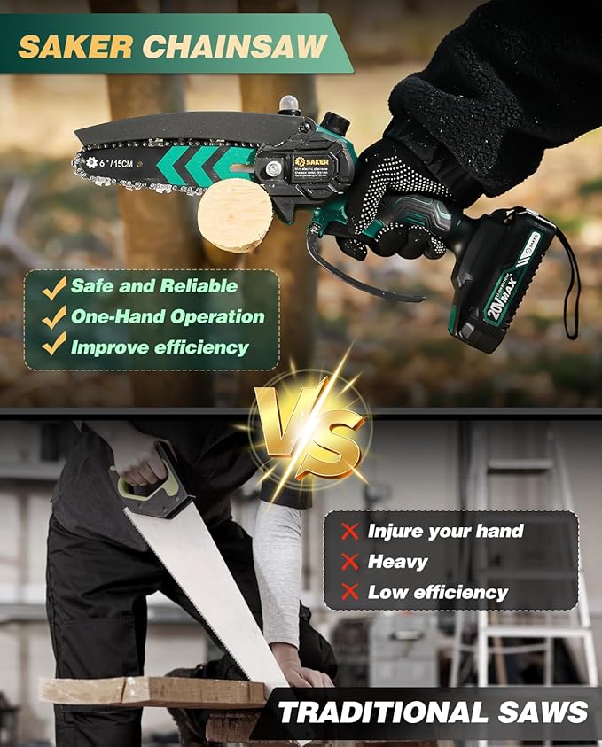 Saker Mini Chainsaw with Auto Oiler|6 Inch Chainsaws[2026 Upgraded]|Mini Cordless Electric Chain Saw|Small Handheld Portable Chainsaw Battery Powered for Tree Trimmer and Garden 2 Batteries+3 Chains